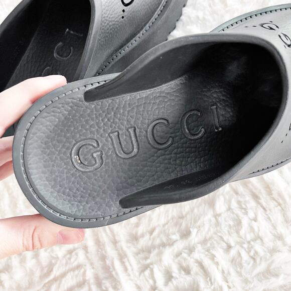 Gucci Perforated G Platform Mules in Black Rubber - Picture 9 of 13